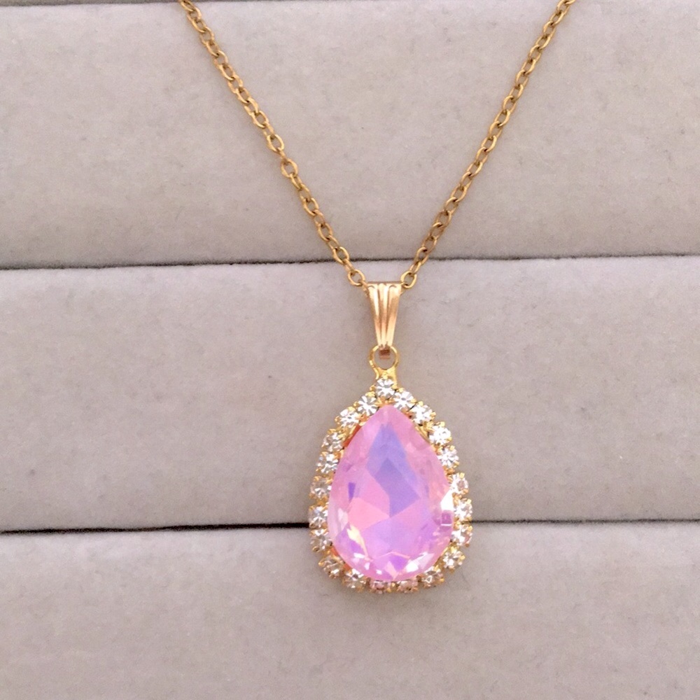 Lavender Pink Opal Aurora Borealis +Gold Crystal Halo Pear Drop Pendant Necklace - Picture 8 of 8